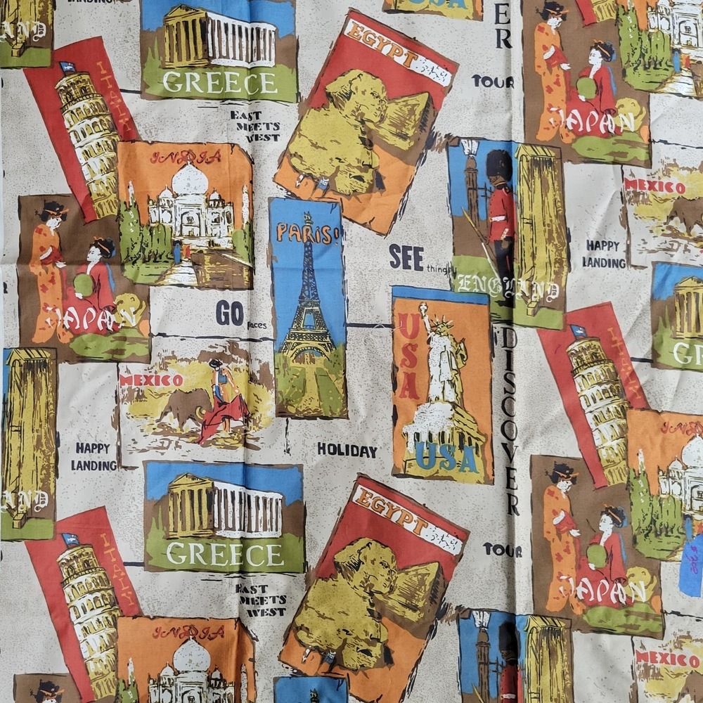 Vintage Gabrielle Cie Fabric 108x46 Travel Global Print Vat Preshrunk Mid Centry